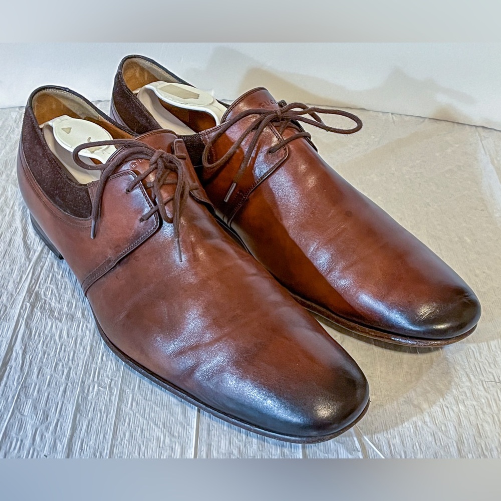Gucci Leather Suede Burnished Brown Lace Up Dress Shoes 9.5 10 Italy Luxe